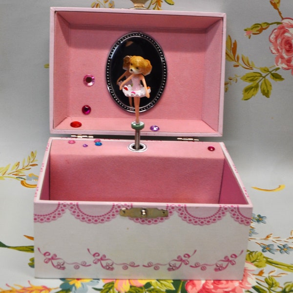 Vintage music jewelry box -with altered balarina fingurine =dog head ,ooak, musical,
