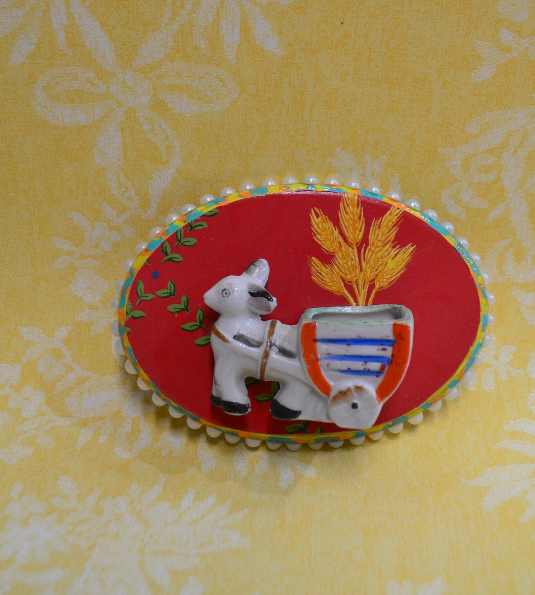 Ceramic Donkey Pulling Cart Attached to a Decorated Oval Wood Etsy