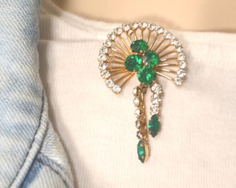 Vintage mid century signed Van Dell Gold-Filled diamond and green Rhinestone Brooch