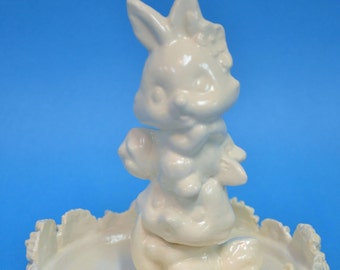 Vintage Inspired Ceramic Bunny Jewelry Dish: White Matte Trinket Holder