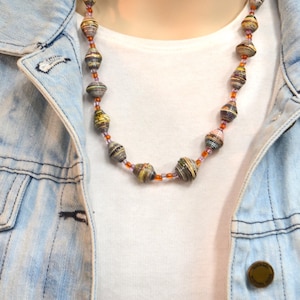Vintage handcrafted rolled paper bead necklace in earthtone colors 22 inches with steady clasp