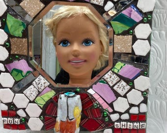 Handcrafted accent mosaic mirror with vintage figure -- add your face ooak-Barbie not included
