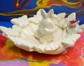 Handcrafted Rabbit Ceramic Trinket Dish: White Matte Finish, Red Heart