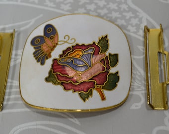Pasador chino vintage para bufanda de cloisonné: esmalte de mariposas y flores, joyería de los años 60