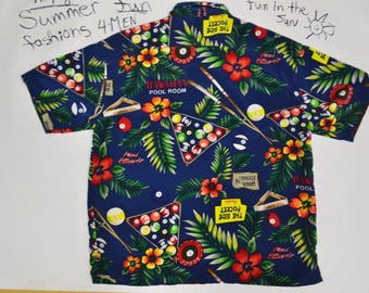 Men's Vintage Hawaiian Shirt, Pool Ball Print, Short Sleeve Button Down XL