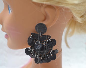 Handcrafted painted leather pierced earrings OOAK Jewelry-black chandelier style earrings