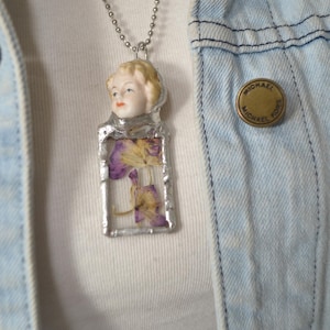 Broken China soft solder Pendant Necklace,made from Reclaimed Vintage Figurine, purple pressed flowers in glass,handcrafted,OOAK,Ships FREE