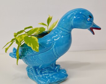 Jarrón de pato azul hecho a mano: molde de cerámica vintage para figuras