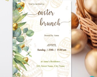 Easter Brunch Invitation|Elegant Gold,White,Green Minimalist Brunch Invite| Easter Brunch|Editable Digital Invitation Instant Download|Canva