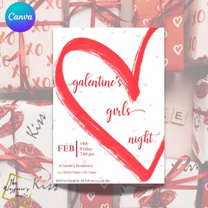 Galentine's Day Einladung, rot und weiß einladen, digital bearbeitbare Vorlage Sofortiger Download Canva, Mädchen Nacht, Galentines Abendessen,
