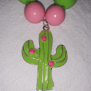 Saguaro Cactus Necklace--30&quot;.Enamel Saguaro pendant. Painted wood beads and acrylic beads. Silver plated chain. Unique.