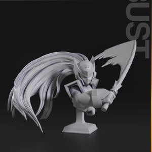May include: A gray 3D printed bust of a female character with long flowing hair, wearing a helmet and holding a sword. The bust is on a square base. The text "BUST" is visible in the upper right corner of the image.