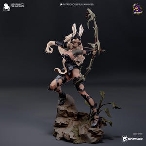 May include: A detailed figurine of a female archer with blonde hair, wearing black armor and holding a bow and arrow. She is standing on a rocky base with green plants.