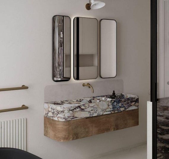 Handmade Calacatta Viola Marble Wall Mounted Sink, Walnut Wooden Vanity (W)47''