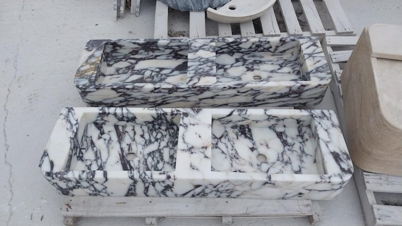 Handmade Calacatta Viola Marble Wall Mounted Sink, Walnut Wooden Vanity (W)47'' image 2