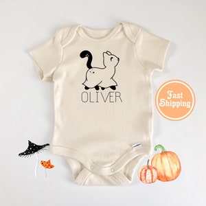 Cat with Name Halloween Onesie® - baby's first Halloween, Halloween baby gift, Natural Halloween Onesie®, Halloween baby costume, cat baby