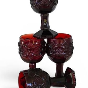 Vintage AVON Set of 4, 1876 Cape Cod Deep Ruby Red Wine Goblets. 4.5" tall. No issues.