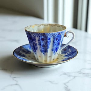 Lomonosov Imperial Porcelain &quot;Cobalt Net&quot; Pattern Cup & Saucer from St. Petersburg Russia