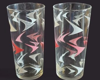 Vintage Hazel Atlas Atomic Pink & White Boomerang Glass Tumblers.