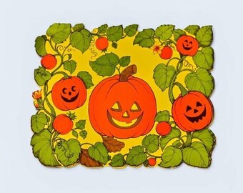 NOS Vintage Set of 6 Hallmark Die Cut Heavy Duty Textured Paper Pumpkin Patch 11" x 14" Placemats, Unused. Very nice vintage condition.