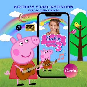Può includere: Un invito video di compleanno digitale con Peppa Pig che suona la chitarra. L'invito include il testo "BIRTHDAY VIDEO INVITATION EASY TO SEND & SHARE" e "Sofia compie 3 anni". Il video è in 1080p Full HD.