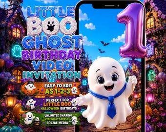 Little Boo Ghost Boy 1st Birthday Video Invitation Editable Halloween Cute Spooky Boy Party Invite Canva Template Digital Download Evite
