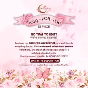 K&ouml;nnte beinhalten: Rosa-wei&szlig;e Grafik mit dem Text &bdquo;DONE-FOR-YOU SERVICE&ldquo; und &bdquo;KEINE ZEIT ZUM BEARBEITEN? Wir haben alles f&uuml;r Sie!&ldquo;. Enth&auml;lt Schmetterlinge und florale Elemente. Enth&auml;lt &bdquo;LINK IN DER BESCHREIBUNG&ldquo;.