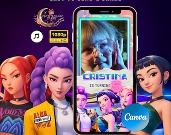 Puede incluir: Invitación de video digital de cumpleaños con el texto "BIRTHDAY VIDEO INVITATION EASY TO SEND & SHARE". La invitación presenta una foto de un niño, el nombre "CRISTINA" y el número "5". La imagen también incluye personajes de dibujos animados.