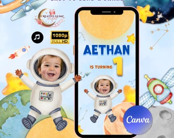 Outer Space Birthday Video Invitation with Photo: Astronaut Rocket, Galaxy Theme Editable Canva Template