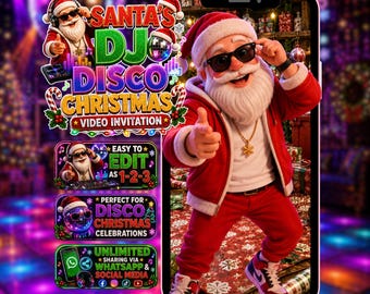 Editable Santa Disco DJ Christmas Party Video Invitation Animated Retro Holiday Dance Invite Canva MP4 Digital Download