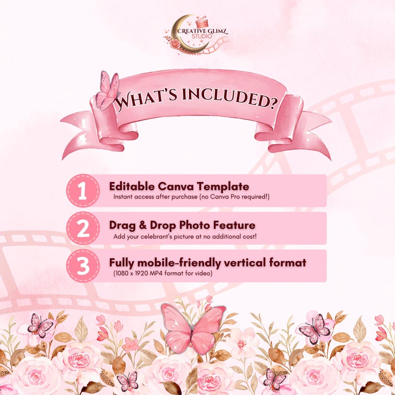 K&ouml;nnte beinhalten: Eine rosa Grafik mit dem Text "WHAT'S INCLUDED?" und einer Liste von Funktionen: Bearbeitbare Canva-Vorlage, Drag & Drop-Foto-Funktion und voll mobilfreundliches vertikales Format. Das Design enth&auml;lt Schmetterlinge und florale Elemente.