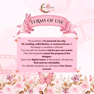 K&ouml;nnte beinhalten: Ein rosa digitales Design mit dem Text "TERMS OF USE" auf einem rosa Banner. Der Text darunter beschreibt die Nutzungsbedingungen, einschlie&szlig;lich nur f&uuml;r den pers&ouml;nlichen Gebrauch, keinem Weiterverkauf und dass alle Verk&auml;ufe endg&uuml;ltig sind. Das Design enth&auml;lt Schmetterlinge und florale Elemente.