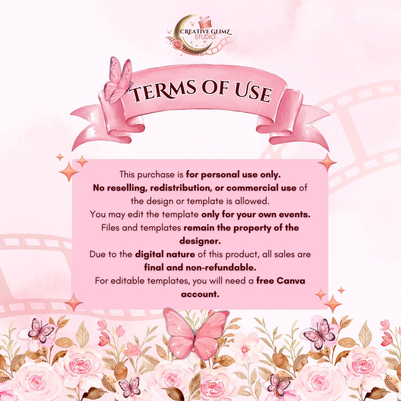 K&ouml;nnte beinhalten: Ein rosa digitales Design mit dem Text "TERMS OF USE" auf einem rosa Banner. Der Text darunter beschreibt die Nutzungsbedingungen, einschlie&szlig;lich nur f&uuml;r den pers&ouml;nlichen Gebrauch, keinem Weiterverkauf und dass alle Verk&auml;ufe endg&uuml;ltig sind. Das Design enth&auml;lt Schmetterlinge und florale Elemente.