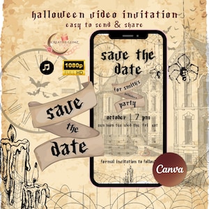 Peut inclure: Une invitation numérique sur le thème d'Halloween avec l'inscription "save the date" sur un parchemin. L'invitation comprend une illustration de maison hantée, des toiles d'araignées, la date et l'heure de la fête.