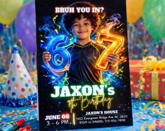 Six Seven Neon Glow 7th Birthday Invitation | Personalized Kids Party Evite (Digital Download)