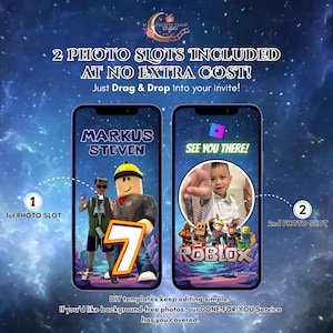 K&ouml;nnte beinhalten: Digitale Einladungsvorlage mit zwei Telefonbildschirmen. Der linke Bildschirm zeigt "MARKUS STEVEN" und ein Foto, der rechte Bildschirm sagt "SEE YOU THERE!" mit einem Foto. Der Text lautet "2 PHOTO SLOTS INCLUDED AT NO EXTRA COST!" und "Just Drag & Drop Into your invite!"