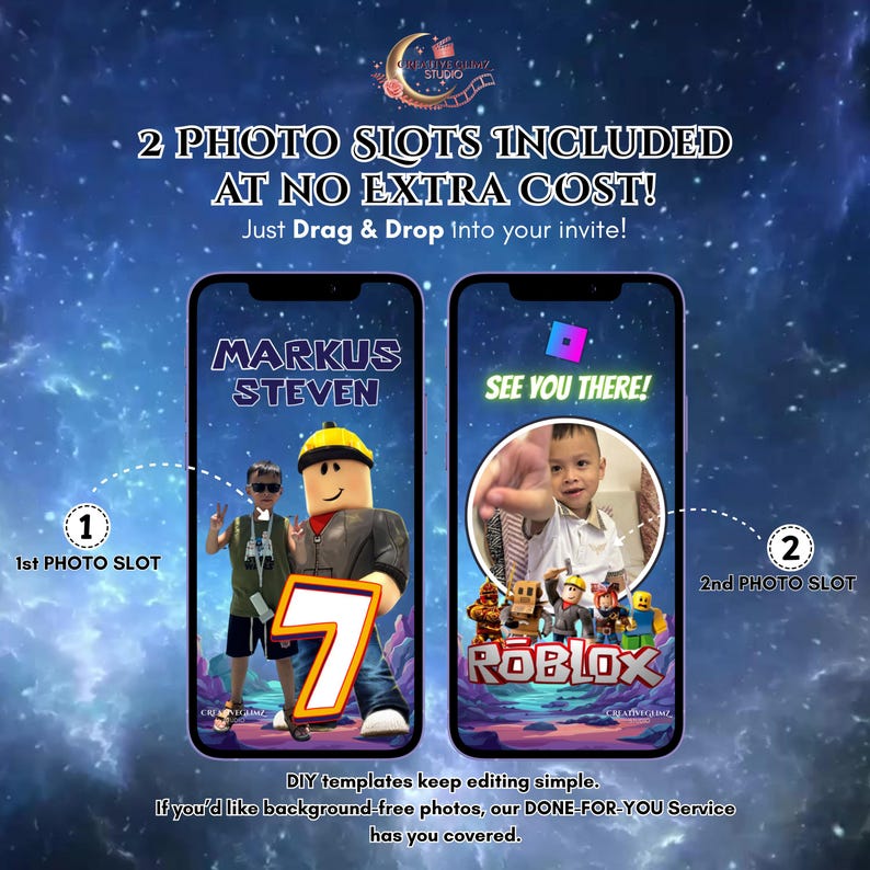 K&ouml;nnte beinhalten: Digitale Einladungsvorlage mit zwei Telefonbildschirmen. Der linke Bildschirm zeigt "MARKUS STEVEN" und ein Foto, der rechte Bildschirm sagt "SEE YOU THERE!" mit einem Foto. Der Text lautet "2 PHOTO SLOTS INCLUDED AT NO EXTRA COST!" und "Just Drag & Drop Into your invite!"