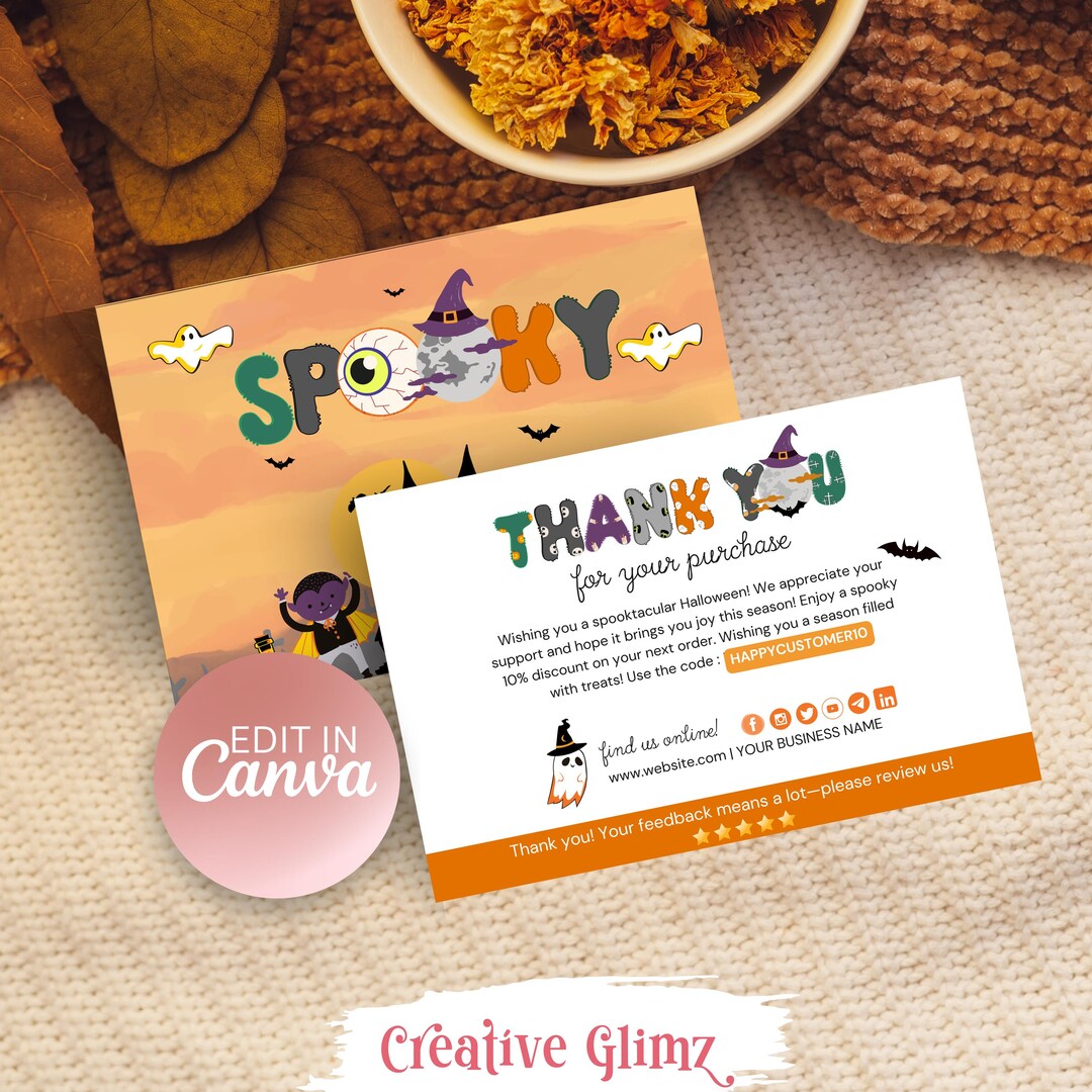 Spooky Halloween Thank You Card Canva Template Editable Halloween Small ...