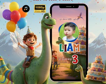 May include: A digital birthday video invitation featuring a cartoon boy riding a green dinosaur, with balloons and a birthday cake. The invitation includes the text "BIRTHDAY VIDEO INVITATION" and "EASY TO SEND & SHARE". The boy's name is Liam, and he is turning 3.