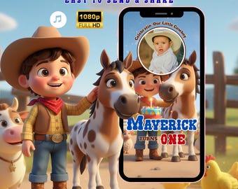 May include: A digital birthday video invitation featuring a cowboy theme. The design includes a cartoon cowboy, horses, and the text "Maverick Turns One." The invitation is designed to be easy to send and share, with 1080p Full HD resolution.