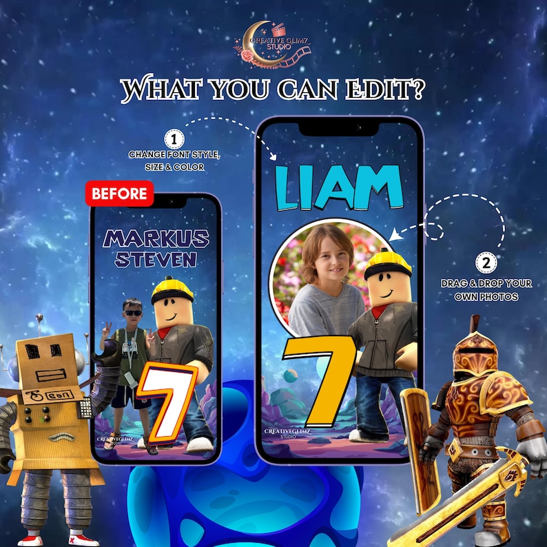 K&ouml;nnte beinhalten: Ein digitales Design mit zwei Handys, eines mit "LIAM" und einem Foto, das andere mit "MARKUS STEVEN". Das Bild enth&auml;lt den Text "WHAT YOU CAN EDIT?" und Anweisungen zum &Auml;ndern der Schriftart und zum Ziehen und Ablegen von Fotos.