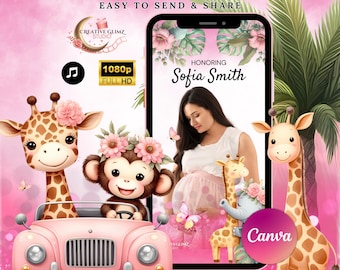 Pink Jungle Safari Baby Shower Video Einladung | Animierte Tiere (Digital Download)
