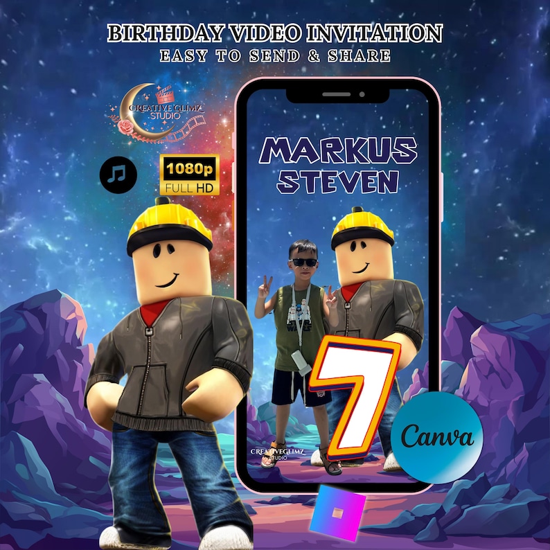 K&ouml;nnte beinhalten: Digitale Geburtstagsvideoeinladung mit dem Text "BIRTHDAY VIDEO INVITATION EASY TO SEND & SHARE". Die Einladung zeigt eine Zeichentrickfigur und ein Foto eines Kindes. Die Einladung ist f&uuml;r den 7. Geburtstag von Markus Steven.