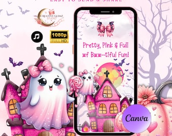 May include: A digital birthday video invitation with a Halloween theme, featuring a pink and white design. The image includes a cute ghost, a pink castle, bats, and the text "Pretty, Pink & Full of B-tiful Fun!" Easy to send and share.