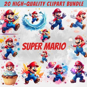 Super Mario Watercolor PNG Bundle: Gaming Clipart Set (Digital Download