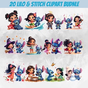 Disney Lilo Stitch Clipart Bundle PNG, Cute Stitch Angel Watercolor Art, Lilo and Stitch Sublimation Designs, Cartoon Digital Download