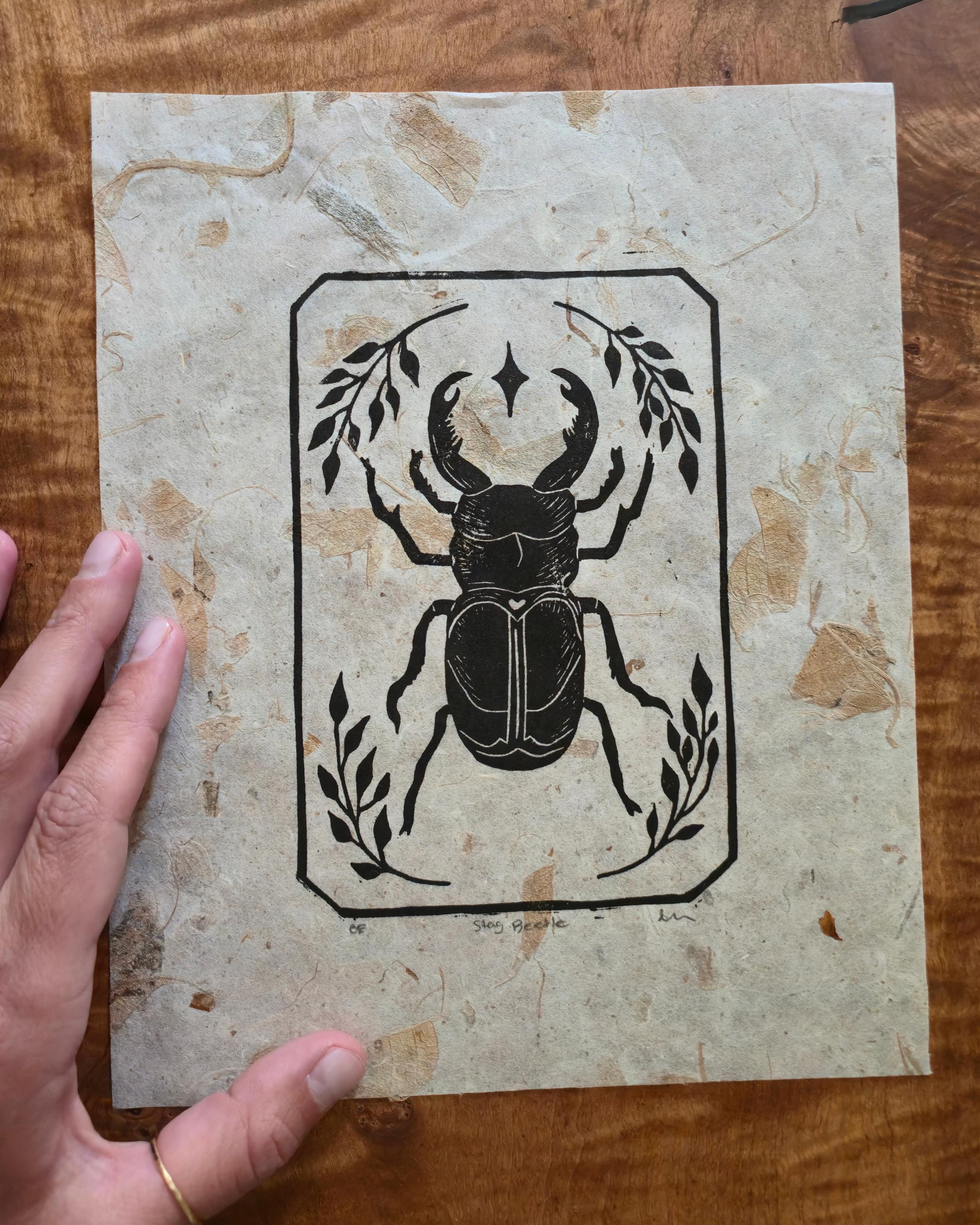 Stag Beetle Relief Print Linocut Block Print