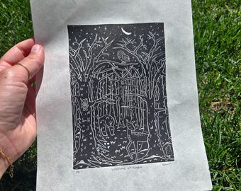 Woodland at Night Relief Print | Nature | Linocut Block Print