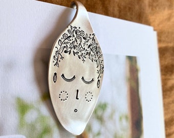 Sleepy lady hand stamped spoon bookmark. Unique sustainable gift idea. Add your own custom name on the back. Vintage page marker.