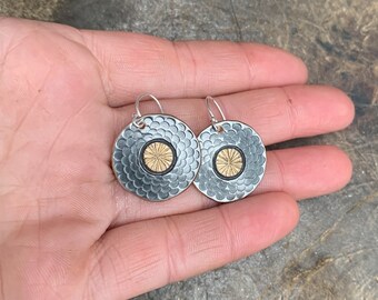 Mini disk drop earrings. Hand stamped & repurposed from silver plate spoons. Sterling wires. Contemporary jewellery. Unique sustainable gift